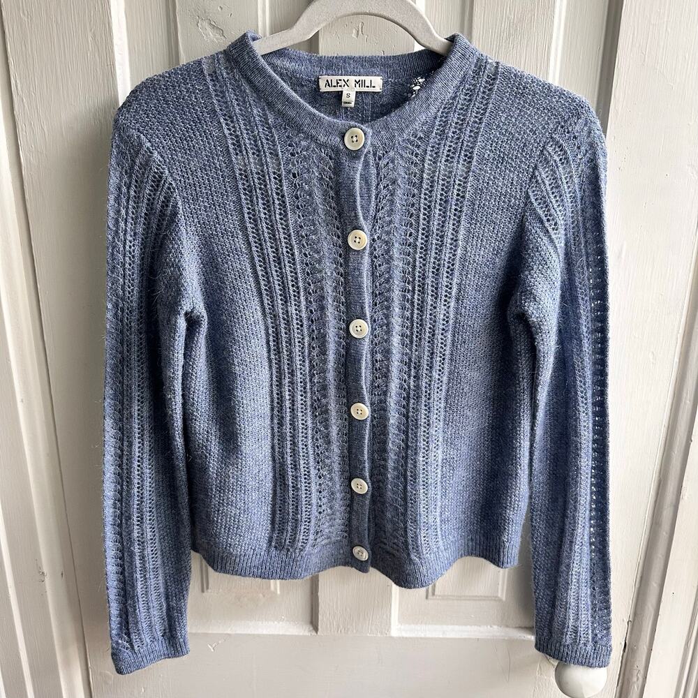 Alex Mill Faye Pointelle Crop Cardigan in Frost Blue Wool Mohair - Picture 2 of 8